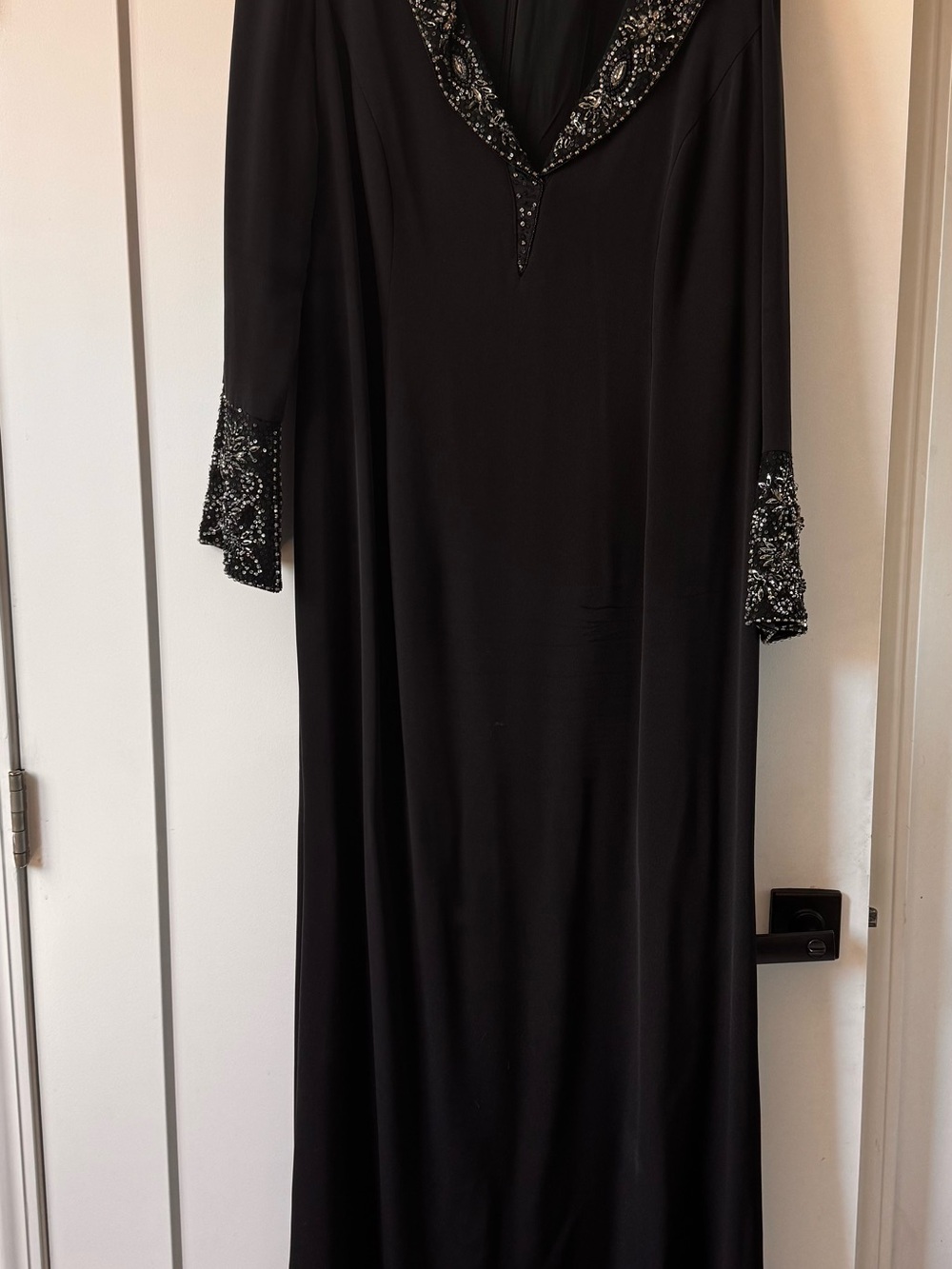 Escada Black Long-Sleeve Beaded Collar & Cuff Gown 100%silk crepe fully lined